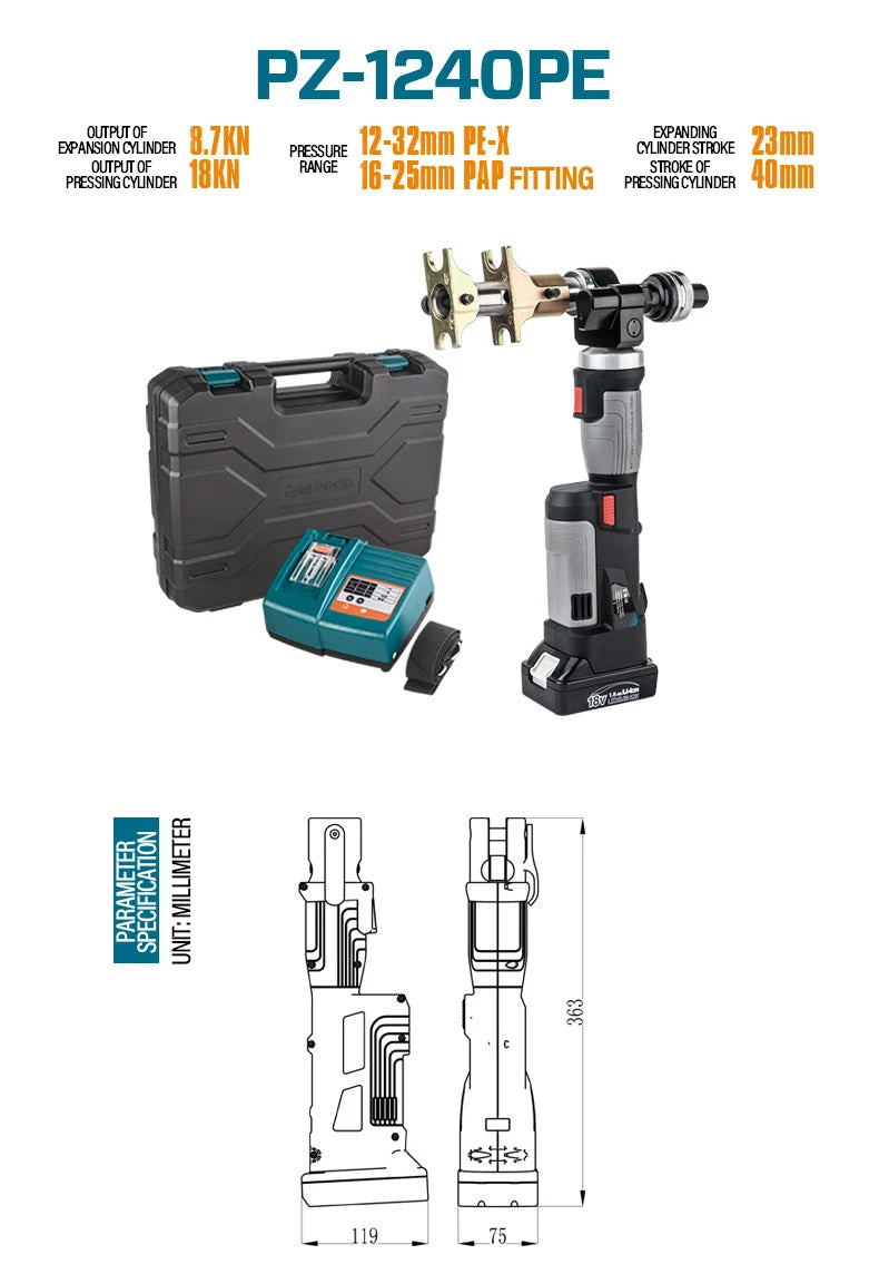 PZ-1240PE Hydraulic Battery Powered Axial Press Expand Tool Plumbing Tool